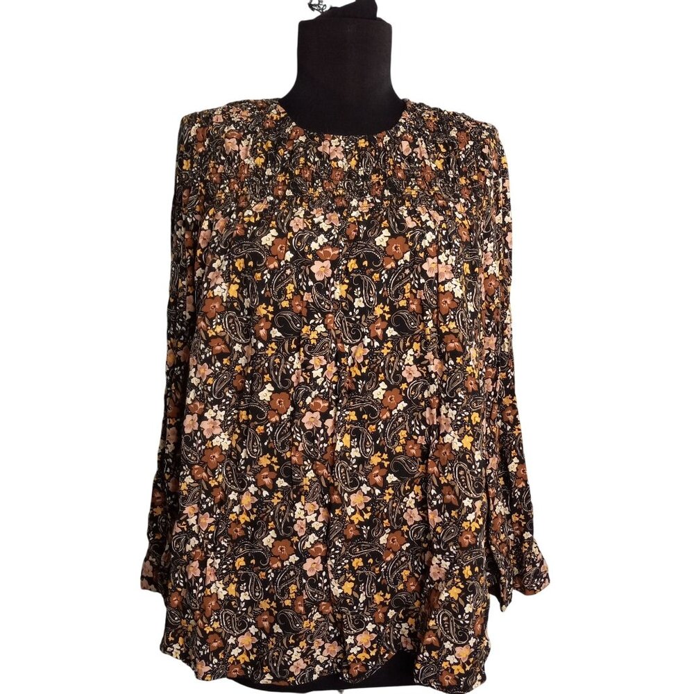 J. Jill Size S Petite Blouse Womens Top Floral Long Sleeve Smocked